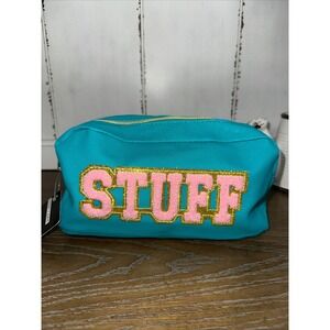 Stuff Cosmetic Bag Teal Blue Pink Chenille Patch Glitter Travel Pouch